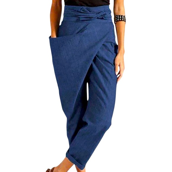 Chic Casual Navy Blue Asymmetrical Pants Wrap Shirt NWT - Picture 1 of 6